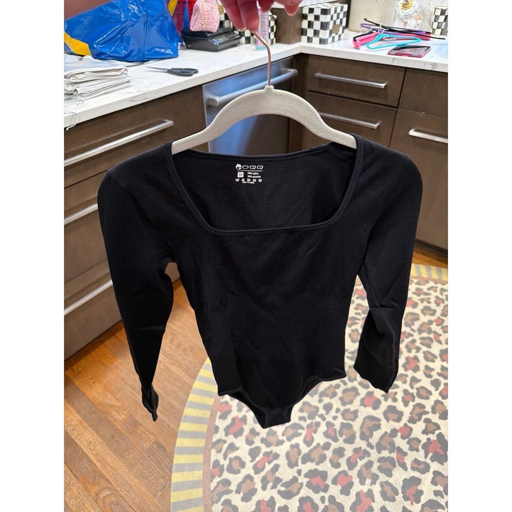 OQQ Black Long sleeve square neck Bodysuit womens size M slimming